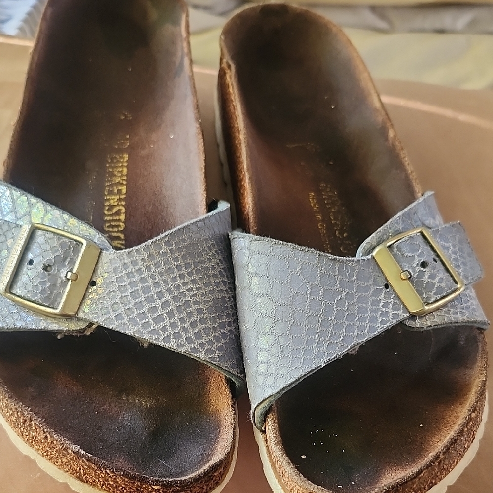 Birkenstock Textured Gray Sandals with Gold Buckle